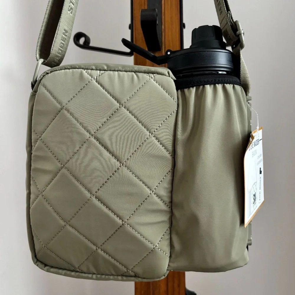 STEVE MADDEN Bavia Olive Green Quilted Crossbody Bag with Attached Water Bottle